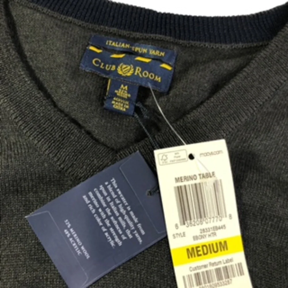 NWT Club Room, V-Neck Long Sleeve Italian Yarn Men's Charcoal Sweater Size M